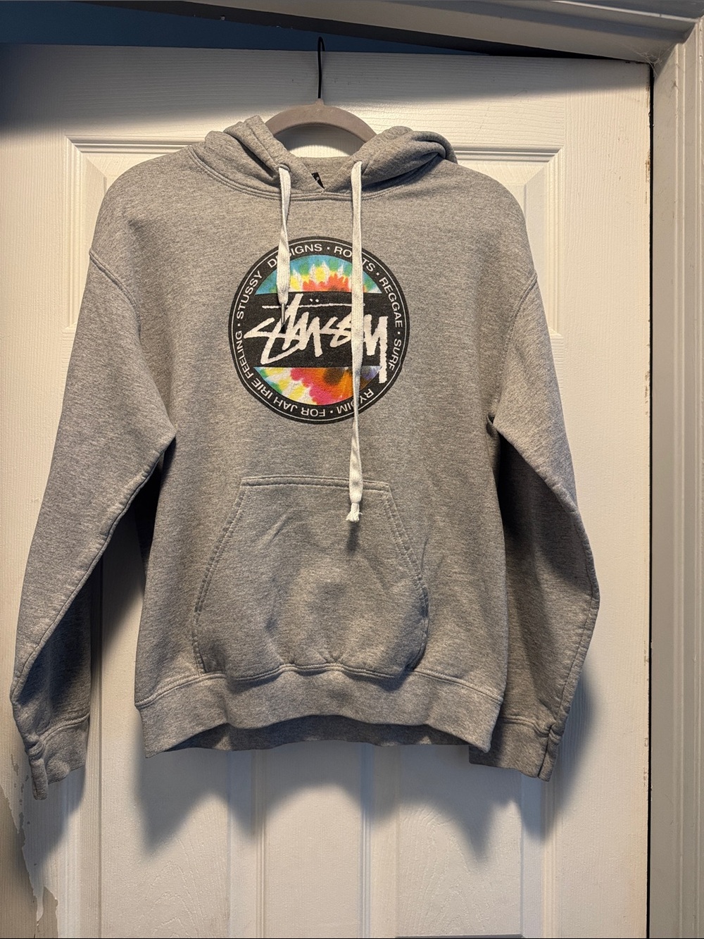 Stussy Gray Hoodie with Multicolor Tie-Dye Logo
